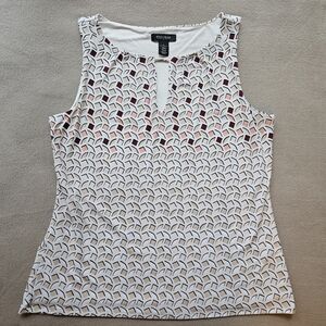 WHBM Geometric Print Sleeveless Shell Blouse, Size Large, EUC (Ecru, Tan, Peach)